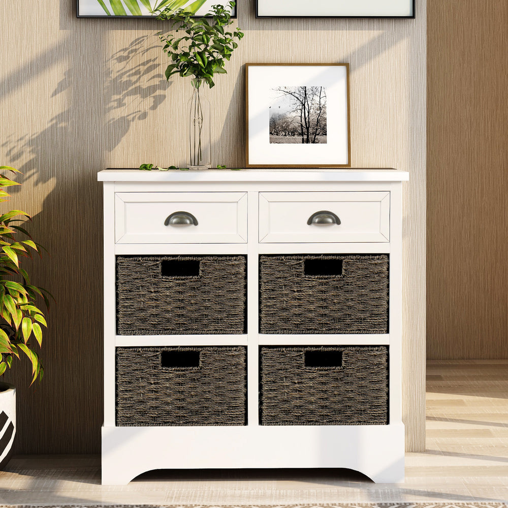Rustic Storage Cabinet with 2 Drawers and Four  Classic Rattan Basket for Dining Room/Living Room (White)