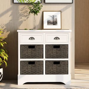 Rustic Storage Cabinet with 2 Drawers and Four  Classic Rattan Basket for Dining Room/Living Room (White)