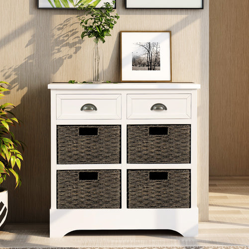 Rustic Storage Cabinet with 2 Drawers and Four  Classic Rattan Basket for Dining Room/Living Room (White)