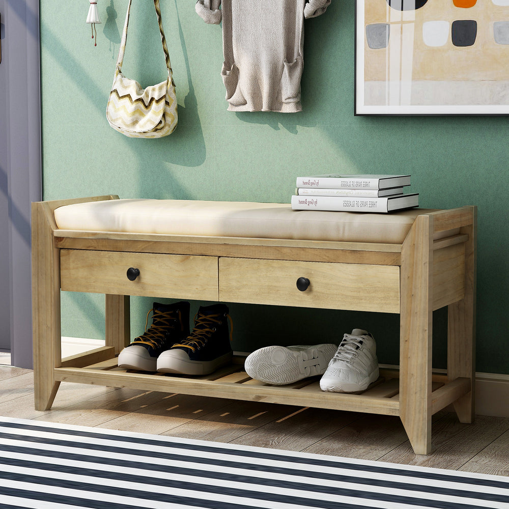 Shoe Rack with Cushioned Seat and Drawers, Multipurpose Entryway Storage Bench, Gray Wash, Pine Wood