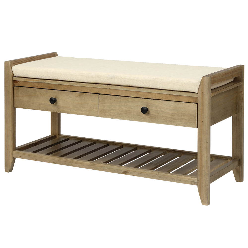 Shoe Rack with Cushioned Seat and Drawers, Multipurpose Entryway Storage Bench, Gray Wash, Pine Wood