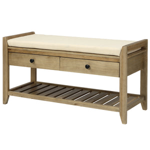 Shoe Rack with Cushioned Seat and Drawers, Multipurpose Entryway Storage Bench, Gray Wash, Pine Wood