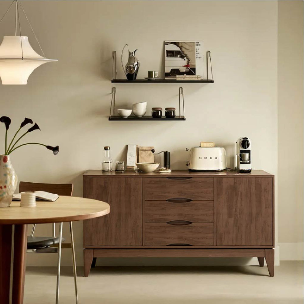 Modern wooden sideboard in dark brown finish featuring four drawers and two cabinet doors, elevated on sleek tapered legs.