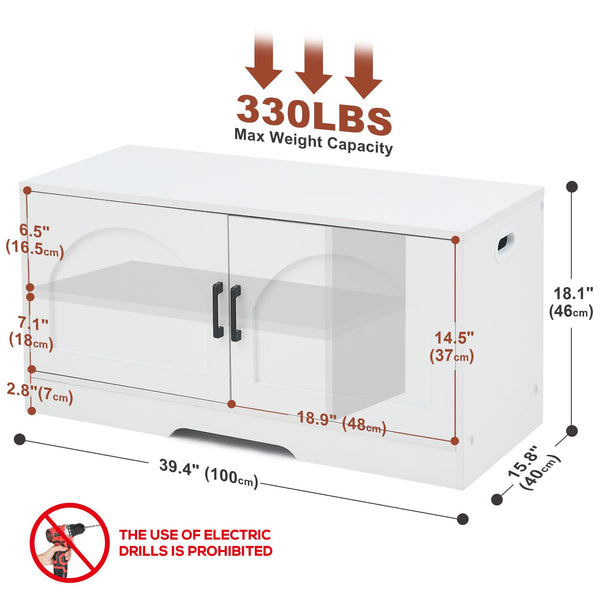 White media console with glass doors, dimensions marked, maximum weight capacity of 330 lbs, and a caution against using electric drills.