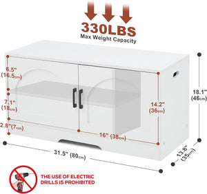 White media console with dimensions and weight capacity, featuring two glass doors and a warning against electric drills usage.
