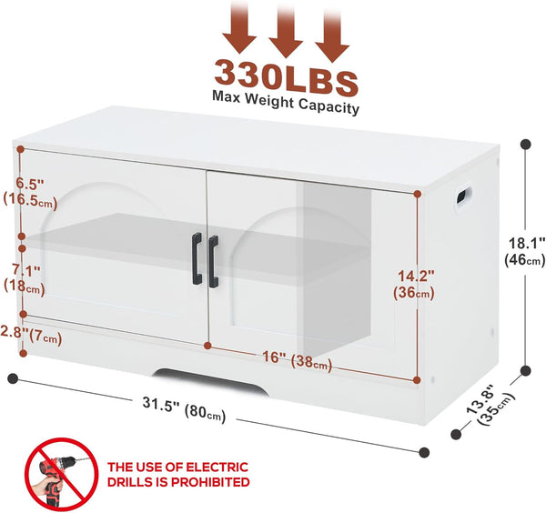 White media console with dimensions and weight capacity, featuring two glass doors and a warning against electric drills usage.