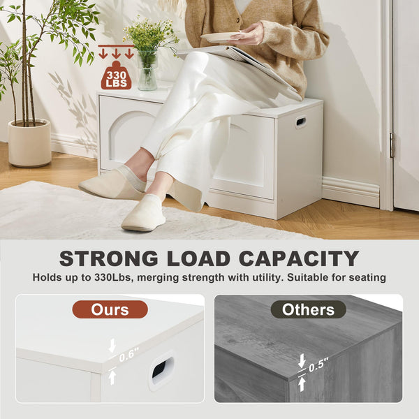 A woman sits on a white storage box with a 330 lbs load capacity, highlighting its strength and utility for seating.