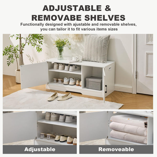 A modern white storage unit with adjustable and removable shelves, showcasing shoes and decor items on top, in a cozy living space.