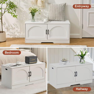 A stylish white storage cabinet displayed in three settings: entryway, bedroom, and hallway, showcasing its versatility and charm.