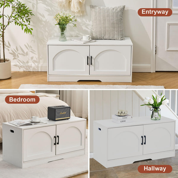 A stylish white storage cabinet displayed in three settings: entryway, bedroom, and hallway, showcasing its versatility and charm.