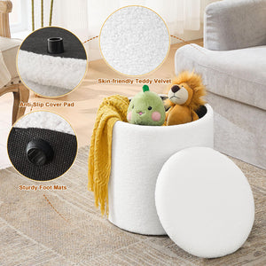 A cozy white teddy velvet storage ottoman holds plush toys and a yellow blanket, showcasing anti-slip pads and sturdy foot mats.