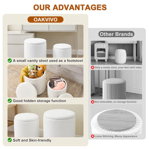 Comparison of Oakvivo vanity stools, highlighting their multifunctionality and storage versus other brands' limitations.