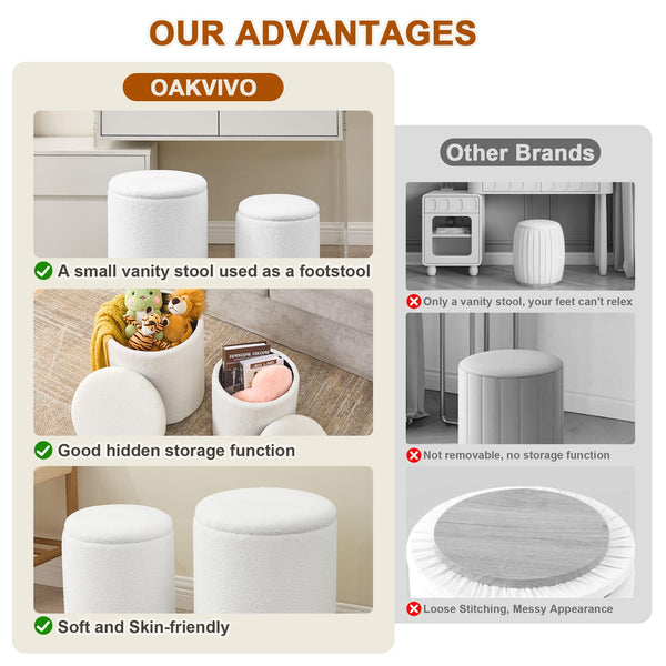 Comparison of Oakvivo vanity stools, highlighting their multifunctionality and storage versus other brands' limitations.