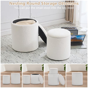 Two white, fluffy, round storage ottomans, one nested inside the other, set on a patterned rug with a laptop and speaker in background.