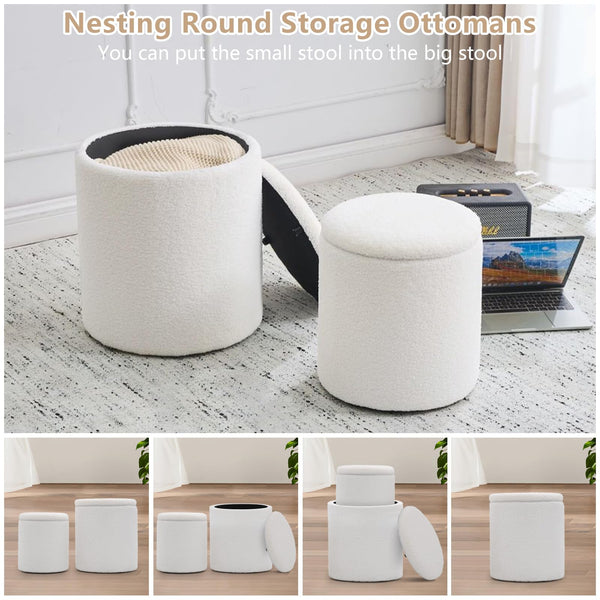 Two white, fluffy, round storage ottomans, one nested inside the other, set on a patterned rug with a laptop and speaker in background.