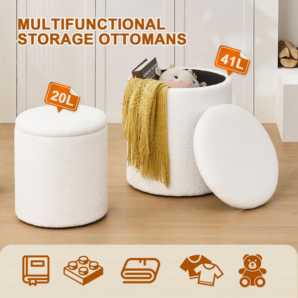 Two plush, white storage ottomans in a cozy setting; one cylindrical with a lid, and a smaller round one, ideal for organizing items.
