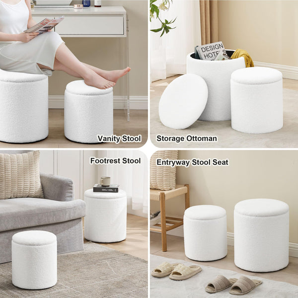 Four white, plush stools: vanity stool with a person, storage ottoman, footrest, and entryway seat, set in cozy living spaces.