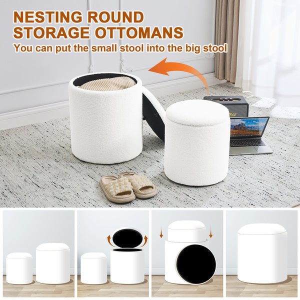 Two white nesting storage ottomans, one larger with a lid and smaller one placed next to it, showcasing compact storage and stylish design.