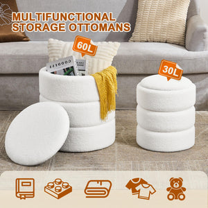 Two white multifunctional storage ottomans, labeled 60L and 30L, holding cushions and blankets, on a stylish living room floor.