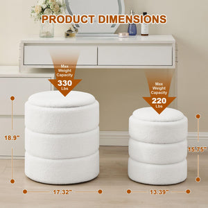 Two white padded stools with dimensions and weight capacities displayed: 18.9" tall, 330 lbs max; 15.75" tall, 220 lbs max.