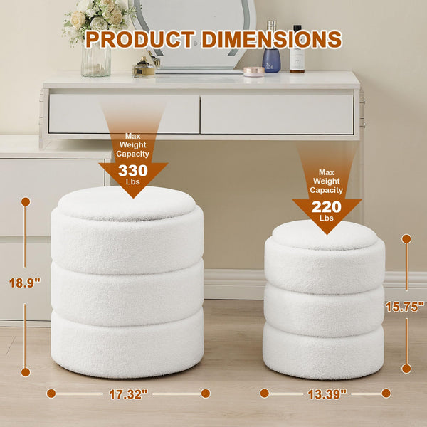 Two white padded stools with dimensions and weight capacities displayed: 18.9" tall, 330 lbs max; 15.75" tall, 220 lbs max.