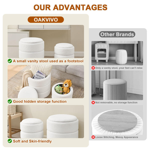 Comparison of Oakvivo's soft, multifunctional stools with other brands, highlighting storage, comfort, and design benefits.
