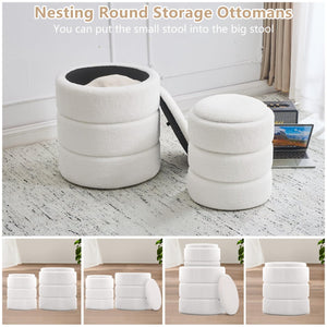 White nesting round storage ottomans, one large and one small, showcased in a cozy room setting with a laptop nearby.