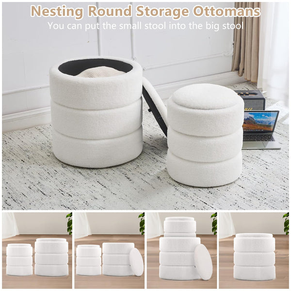 White nesting round storage ottomans, one large and one small, showcased in a cozy room setting with a laptop nearby.