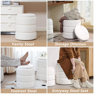 Four images showcase versatile white plush stools: a vanity stool, a storage ottoman, a footrest, and an entryway seat used in various settings.