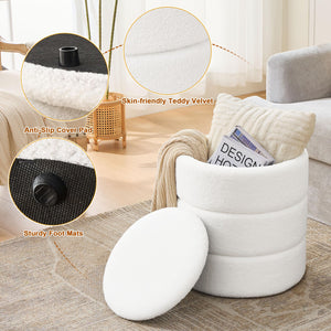 Cozy white storage ottoman with a removable lid, made of skin-friendly Teddy velvet, featuring anti-slip pads and sturdy foot mats.