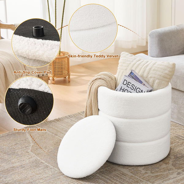Cozy white storage ottoman with a removable lid, made of skin-friendly Teddy velvet, featuring anti-slip pads and sturdy foot mats.