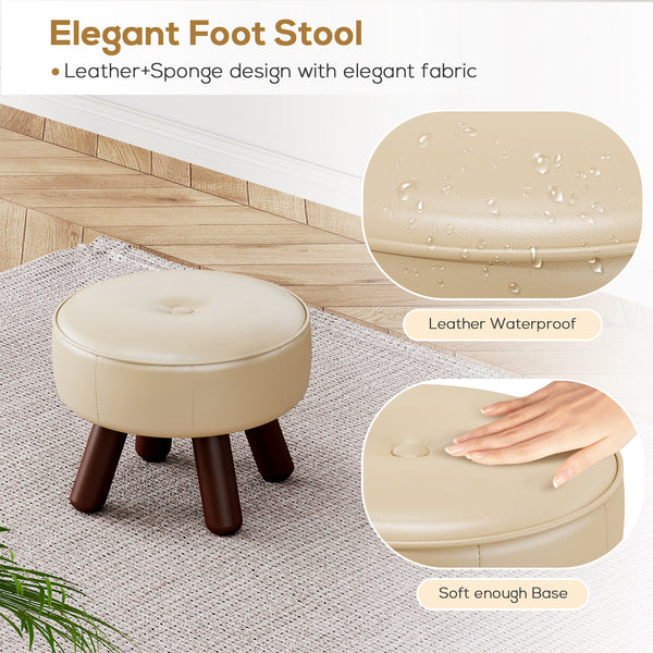 Elegant beige foot stool with a waterproof leather and sponge design, featuring sturdy brown legs on a textured rug.