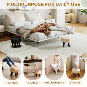 A stylish bedroom scene features multifunctional stools in cream and black, used for resting feet, changing shoes, and as a step stool.
