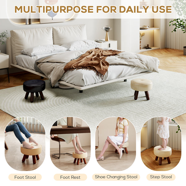 A stylish bedroom scene features multifunctional stools in cream and black, used for resting feet, changing shoes, and as a step stool.