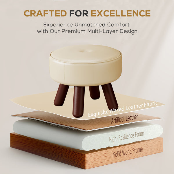 An elegant cream stool with wooden legs, showcasing its premium multi-layer design and comfort features.