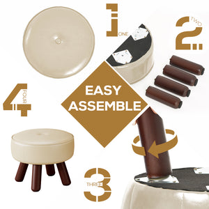 A step-by-step guide to assembling a circular cream stool with four wooden legs, highlighting ease of assembly.