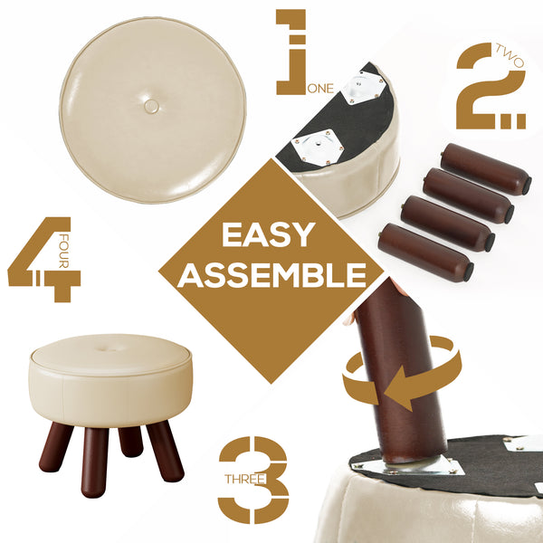 A step-by-step guide to assembling a circular cream stool with four wooden legs, highlighting ease of assembly.