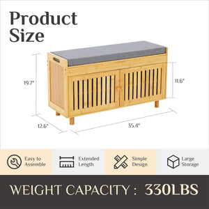 Alt text: Wooden storage bench with gray cushion, dimensions 35.4" x 12.6" x 19.7", 330 lbs capacity, showcasing assembly and design features.