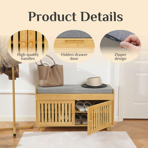 A stylish bamboo bench with grey cushion, featuring high-quality handles, a hidden drawer, and a zipper design for easy use.