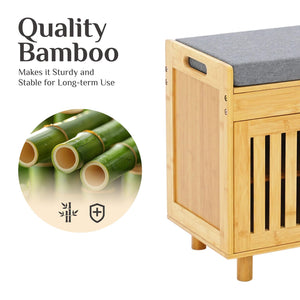 Bamboo storage bench with a grey cushion top, highlighting quality construction and stability for long-term use.