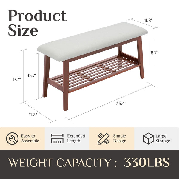 A wooden bench with a cushioned seat, dimensions displayed, highlighting its easy assembly, storage, and 330lbs weight capacity.