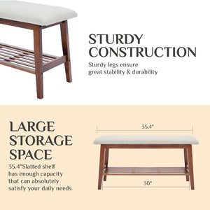 Image of a sturdy bench with a soft cushion, featuring a slatted shelf for storage, highlighted by dimensions and durability description.