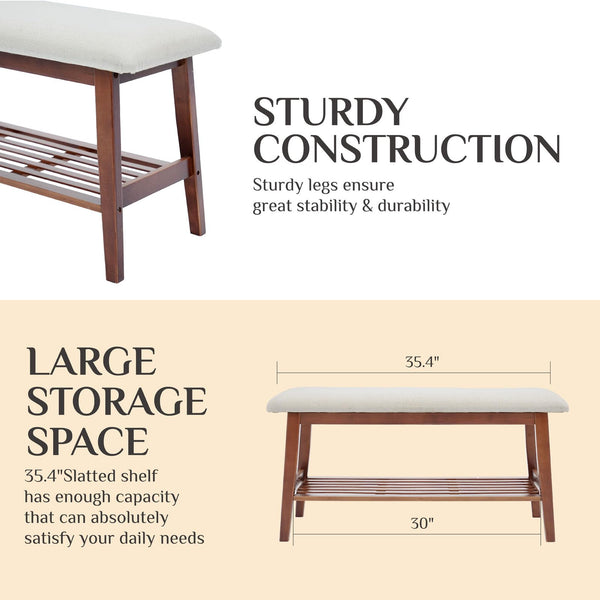 Image of a sturdy bench with a soft cushion, featuring a slatted shelf for storage, highlighted by dimensions and durability description.