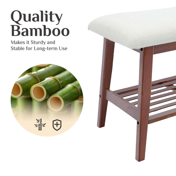 A stylish bamboo bench with a cushioned top, promoting durability and stability, accompanied by an image of bamboo stalks.