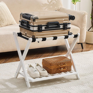 Fully Assembled Bamboo Folding Luggage Rack with Storage Shelf