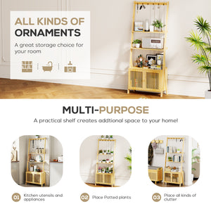 A stylish wooden multi-purpose shelf showcasing various decorative items, potted plants, and storage compartments in a bright room.