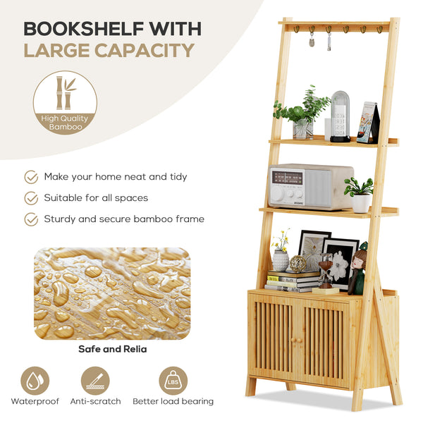 Bamboo bookshelf with large capacity, showcasing stylish decor, plants, and a radio; emphasizes sturdy, waterproof design.