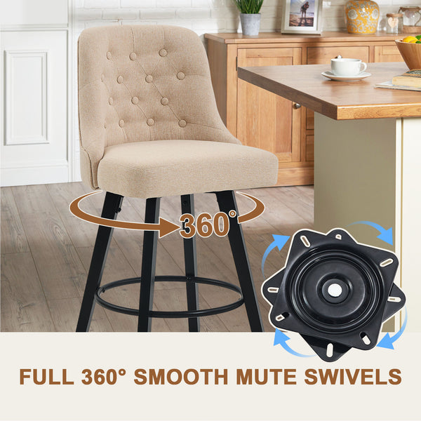 Tan upholstered bar stool with a 360-degree swivel base, showcased in a cozy kitchen setting with wooden furniture.