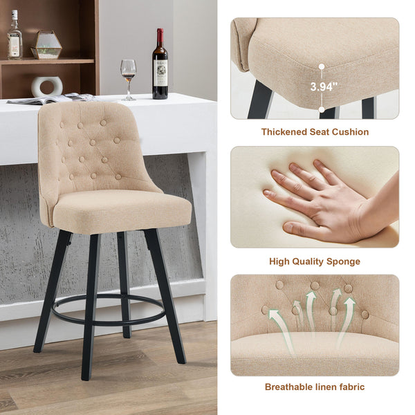 A stylish beige upholstered bar stool with a tufted backrest, featuring a thickened cushion, quality sponge, and breathable fabric.