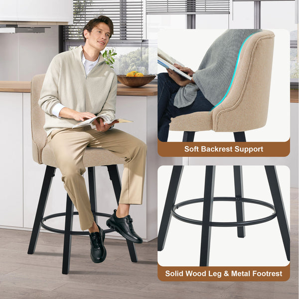 A person sits on a stylish beige bar chair with a soft backrest, surrounded by a modern kitchen with natural light and greenery.